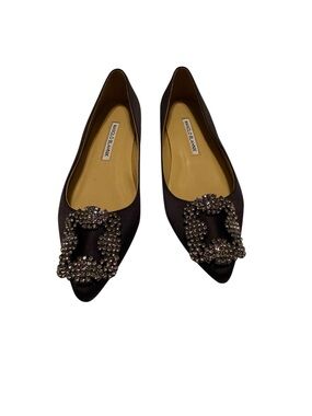 Manolo Blahnik Black Satin Flats with Crystal Buckle